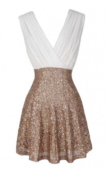 Flash of Light Chiffon and Sequin Dress in Ivory/Gold